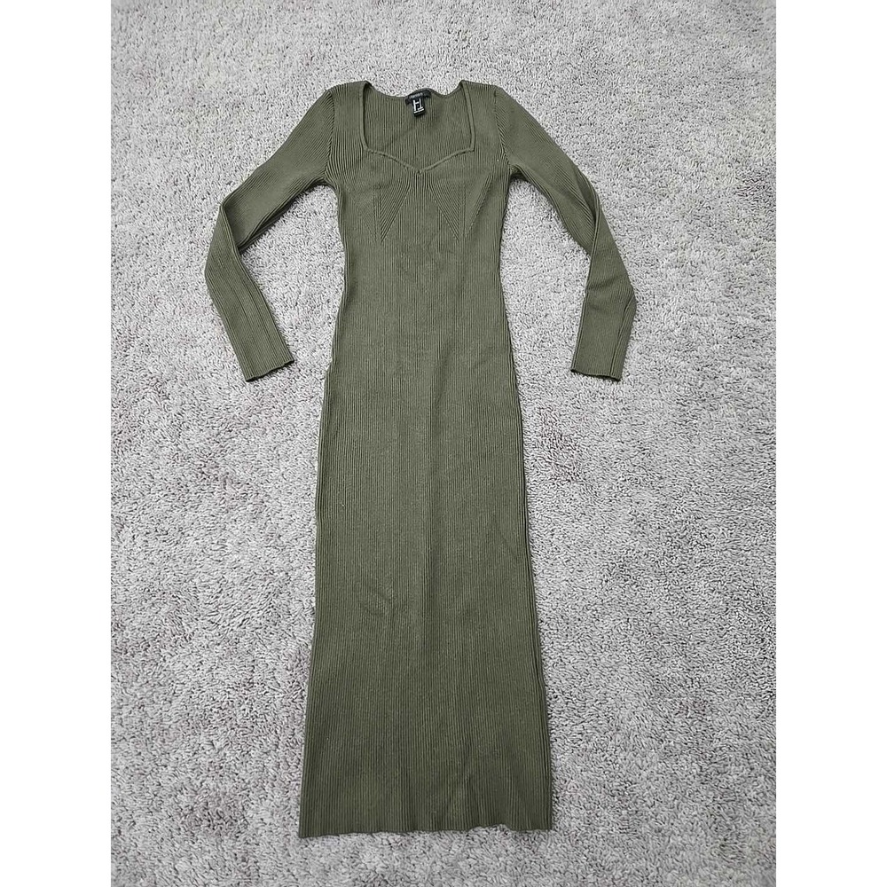 Forever 21 Bodycon Dress Womens S Green Long Sleeve Sweetheart Neckline Maxi